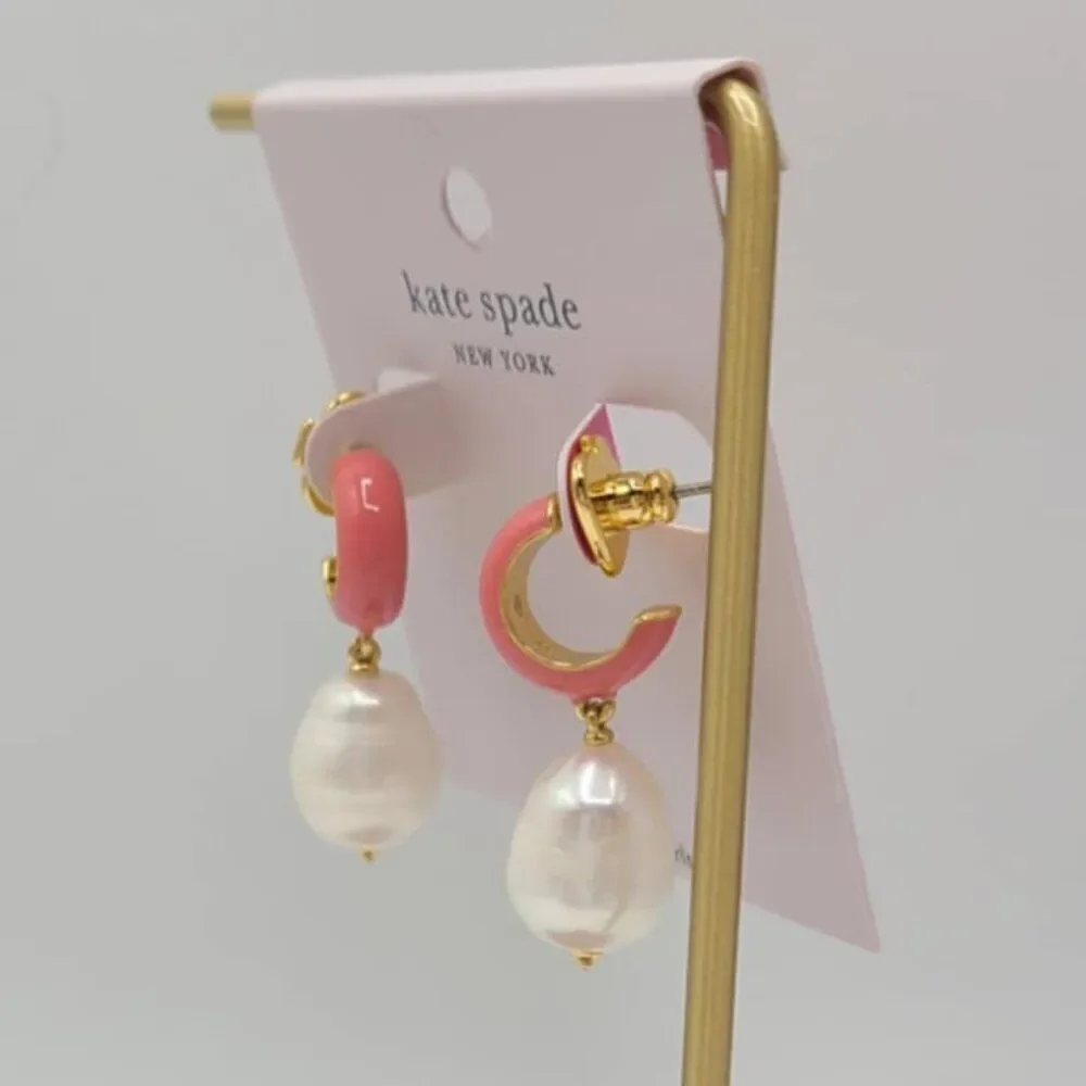 Kate Spade Pink Enamel Huggie Stud Hoop with Peal Dangle NWT! NEW!